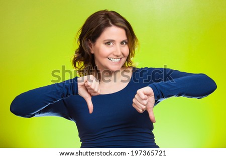 Closeup Portrait Sarcastic Young Woman Showing Thumbs Down Sign Hand ...