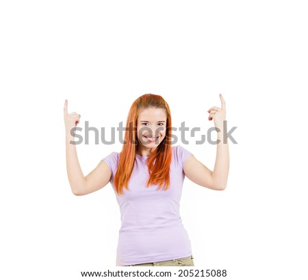 Closeup portrait surprised young happy funny woman, just came up with idea aha, index fingers pointing up isolated white background. Positive human emotions, facial expressions, feeling, sign reaction