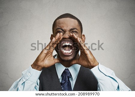 Closeup portrait bitter mad, displeased pissed off, angry grumpy corporate man, open mouth, hands in air, screaming, yelling isolated grey background. Negative human emotion facial expression feeling