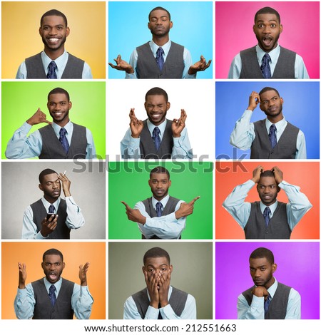 Man mood, behavior changes, swings. Collage young man expressing different emotions, showing facial expressions, feelings on colorful backgrounds. Human life perception, body language, gestures.