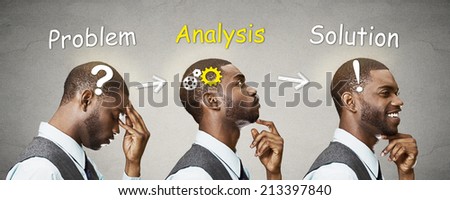 Side view profile sequence head shots thoughtful, thinking, finding solution young man with gear mechanism, question, exclamation sign illustration isolated grey background. Human face expressions