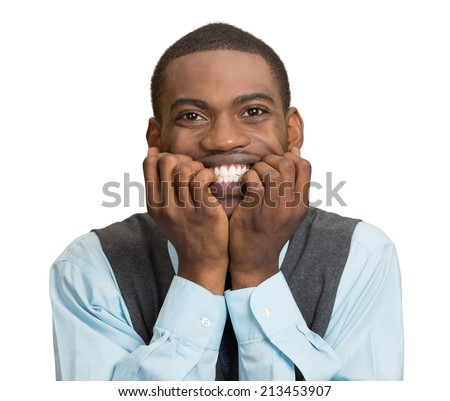 Closeup portrait headshot scared, worried, anxious businessman biting nails, fingers in mouth isolated white background. Negative human Emotions, face Expressions, body language, life perception