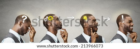 Emotional intelligence. Side view headhots sequence man thoughtful, thinking, finding solution, gear mechanism, question, exclamation, lightbulb isolated grey wall background. Human face expression