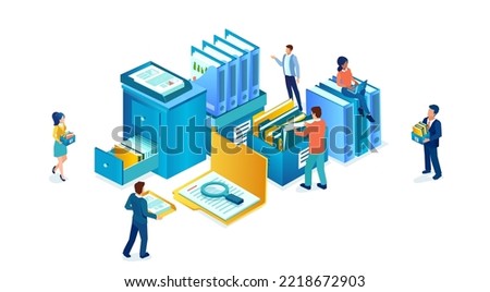 Isometric vector of office employees managing paper documents, file folders, and data storage 