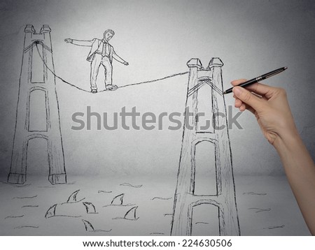Businessman walking on a rope over sea filled with sharks, business competition concept. Sketch drawn by human hand