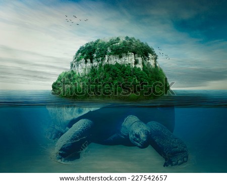 Collage Giant World Turtle Carrying Island The Earth On Back Swimming ...