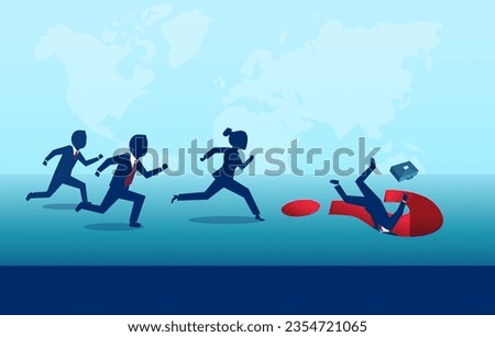 Group of business people running after a leader who fell into a question mark trap