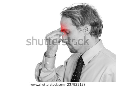 Side view profile portrait headshot middle age man having suffering headache hand on head sinus pressure, red area isolated white background. Human face expression, emotion, feeling, life perception