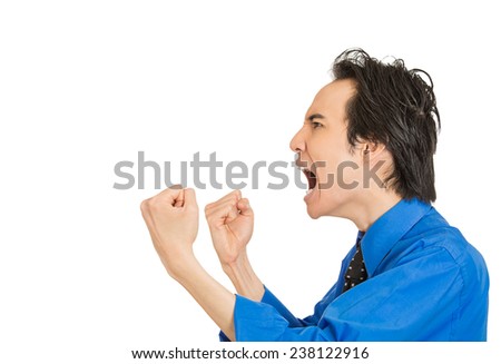 Side profile portrait bitter mad displeased pissed off angry grumpy corporate man open mouth hands fist in air screaming isolated white background. Negative human emotion face expression feeling