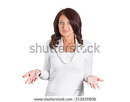 Portrait dumb looking woman arms out shrugs shoulders who cares so what I don\'t know isolated on white background. Negative human emotion, facial expression body language life perception attitude