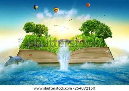 Illustration of magic opened book covered with grass trees and waterfall surround by ocean. Fantasy world, imaginary view. Book, tree of life concept. Original beautiful screen saver