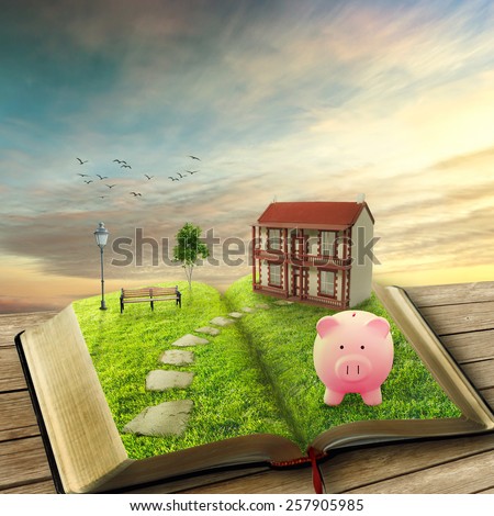 Home savings financial concept. Piggy bank and opened magic book covered with green grass and stoned path way. Fantasy world imaginary view. Original screensaver. Loan market housing industry mortgage