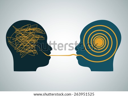 Vector illustration tow silhouette profile heads face to face, one with scribbling and second with accurate right maze, labyrinth. Talking, decoding and understanding process problems concept, symbol