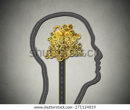Human intelligence. Road shaped as human face with cogs and gears mechanism Business strategy and psychological mental neurological activity concept