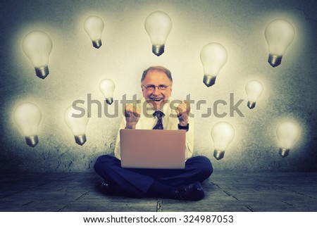Senior man working on computer with light bulb plugged in it celebrates business success