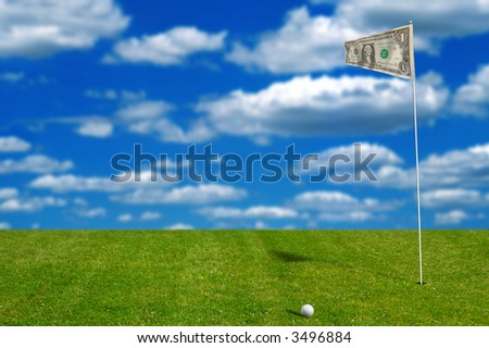 Golf ball with money flag with sky in the background