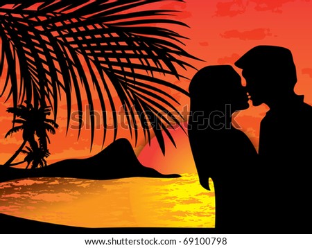 Two Lovers On The Beach With Tropical Sunset, Palms, Sea And Island ...