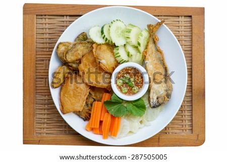 Thai cuisine-Nam Prik Gapi or Shrimp Paste Chili Dip serves with fried mackere fish  and various vegetables