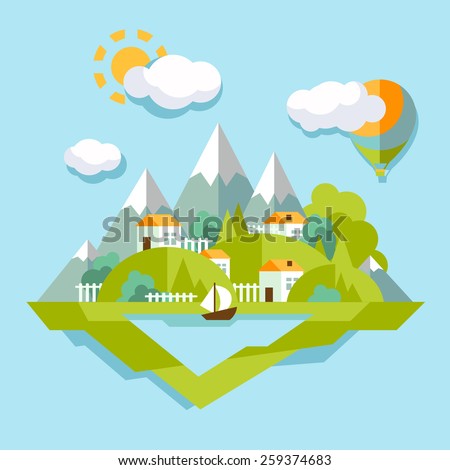 Nature landscape illustration. Colorful, vector in trendy flat style.