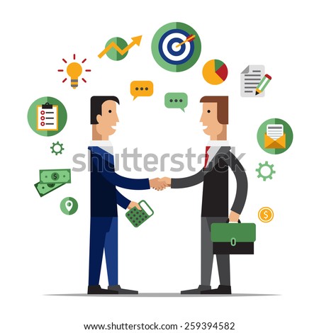 Successful partnership, business people cooperation agreement, teamwork solution and handshake of two businessman Isolated on stylish background. Flat design style modern vector illustration concept