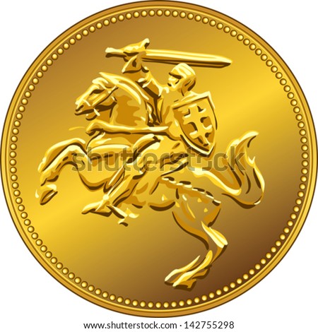 Vector gold money Lithuanian Lita coin with depicting the equestrian knight with sword raised (Pahonia).