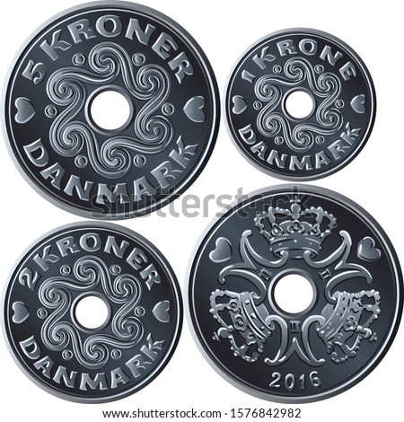 Vector set of cupronickel coins one, two and five krone with hole in middle. Krone, official currency of Denmark, Greenland, and Faroe Islands