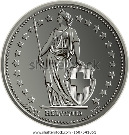 1 Swiss franc and 50 centimes coin minted obverse with Helvetia shown standing, the official coin used in Switzerland and Liechtenstein