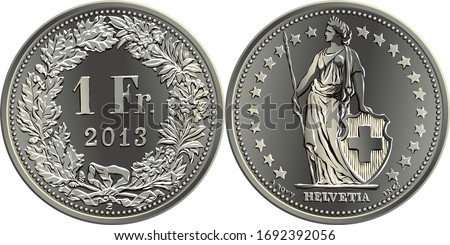 1 Swiss franc coin, reverse 1 Fr in wreath of oak leaves and gentian, obverse Helvetia shown standing and stars, official coin in Switzerland