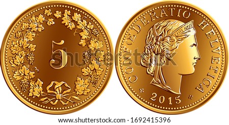 5 centimes coin Swiss franc, 5 in wreath of grapes on reverse, head of Liberty and CONFOEDERATIO HELVETICA on obverse, official coin in Switzerland