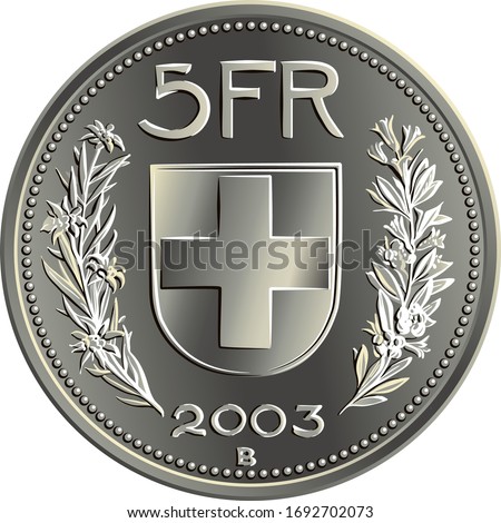Reverse of 5 Swiss Francs silver coin with federal coat of arms, 5FR, year, branches of edelweiss and gentian, official coin in Switzerland