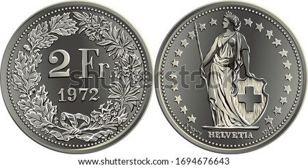 2 Swiss francs coin, reverse 2 Fr in wreath of oak leaves and gentian, obverse Helvetia shown standing and stars, official coin in Switzerland