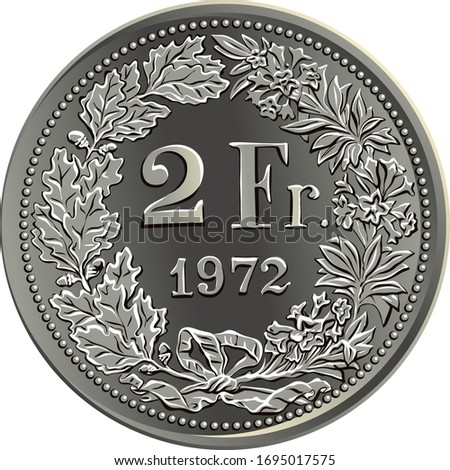 Reverse of 2 Swiss franc silver coin with 2 Fr and year in wreath of oak leaves and gentian, official coin in Switzerland