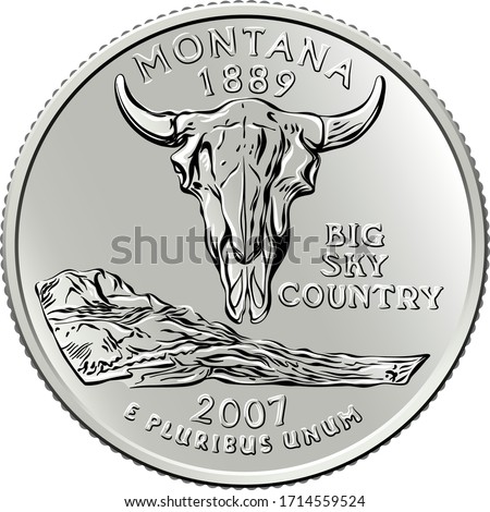 American money, United States Washington quarter dollar or 25-cent silver coin, American bison skull with mountains and the Missouri River on reverse