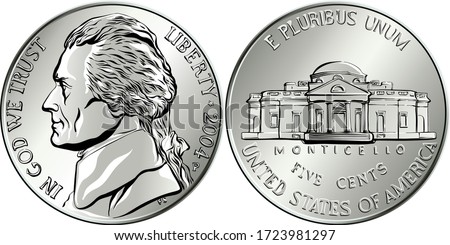 Jefferson nickel, American money, USA five-cent coin with US third President Thomas Jefferson on obverse and his house Monticello on reverse Stockfoto © 
