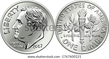 Roosevelt dime, United States one dime or 10-cent silver coin, President Franklin Roosevelt on obverse and olive branch, torch, oak branch on reverse