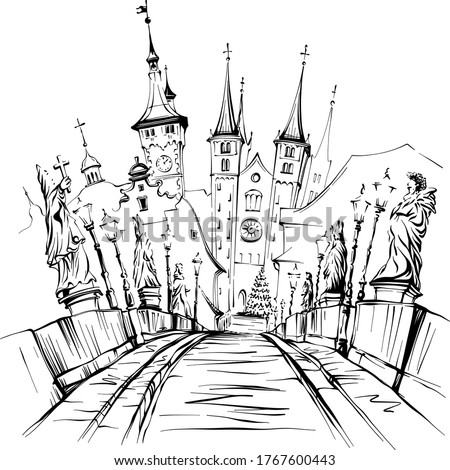 Vector sketch of Alte Mainbrucke, Old Main Bridge, with statues of saints in Wurzburg, Franconia, Northern Bavaria, Germany