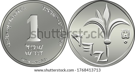 Vector Israeli silver money one shekel coin. Nominal on reverse, lily and Israel coat of arms on obverse