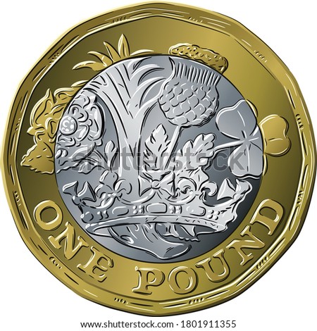 Vector British money gold coin one pound new 12-sided design with English rose, leek for Wales, Scottish thistle and shamrock for Northern Ireland