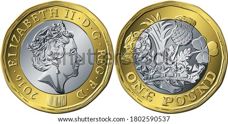 Vector British money coin one pound new 12-sided design Rose, leek, thistle and shamrock encircled by coronet on reverse and Queen on obverse