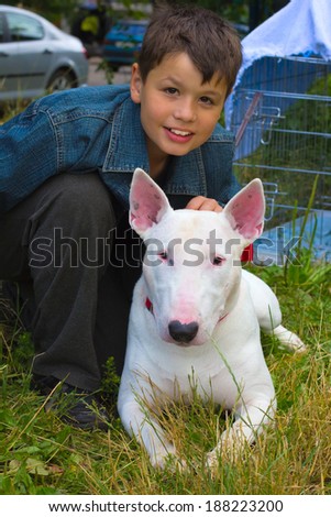 white Bull Terrier Dog and boy on the green grass in the summer lawn