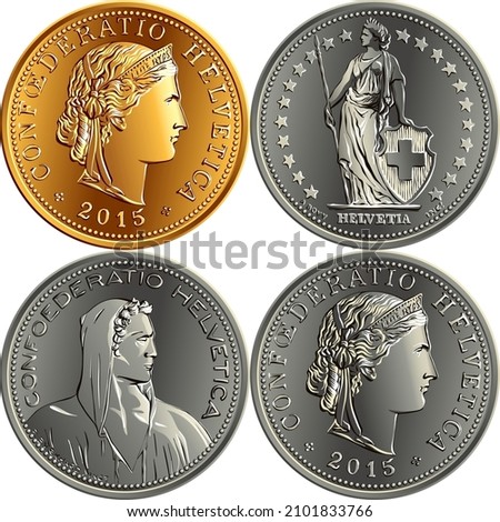 Set of Swiss Franc money, official coin in Switzerland, obverse face with alpine herdsman, Liberty, Helvetia and latin legend Confoederatio Helvetica