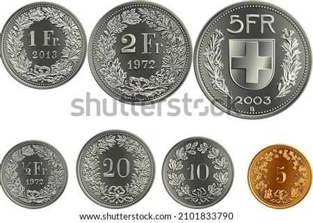 Set of Swiss Francs money, official coin in Switzerland, reverse faces with federal coat of arms, value, year, branches of plants