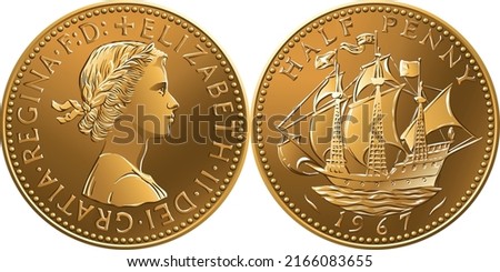 Vector British money coin One old halfpenny with galleon on reverse and queen on obverse