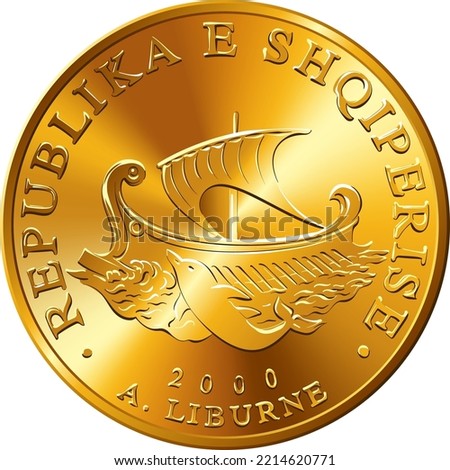 vector Obverse of Albanian money 20 lek gold coin with Liburne ship