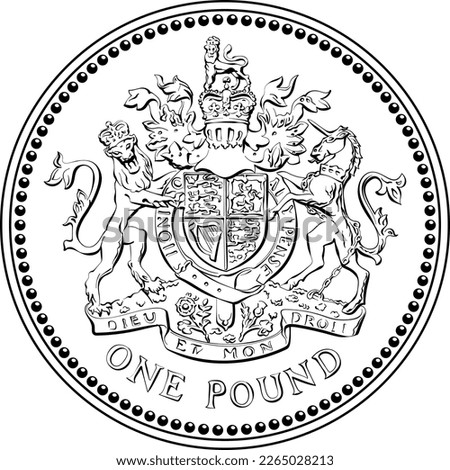 British money gold coin one pound with the image of a heraldic lion, unicorn, shield and crown, black and white