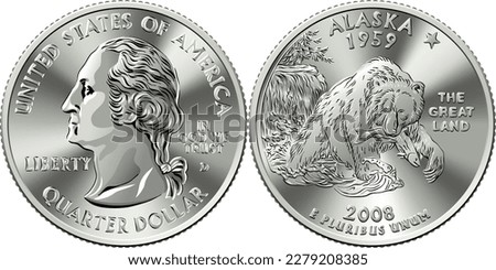 American money, United States Washington quarter dollar or 25-cent silver coin, grizzly bear on reverse