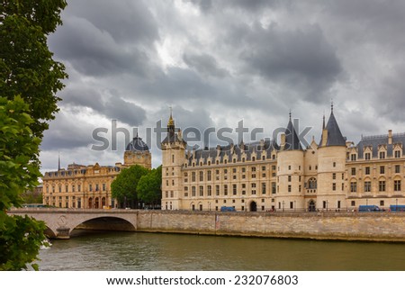Pont au Change over the Seine River,  Palais de Justice and the Conciergerie in Paris, France