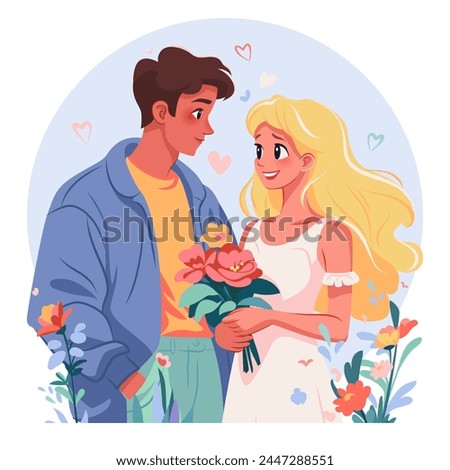 Cheerful boy gives flower to sweet blond girl. First love concept. Vector flat illustration