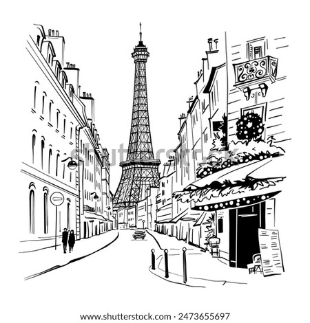 Vector black and white of Paris street with street cafe and Eiffel Tower, Paris, France