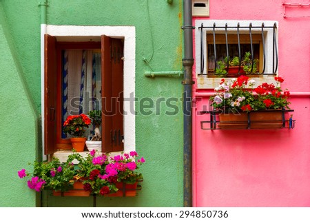 Picturesque windows with shutters and flowers on pink and green wall of houses on the famous island Burano, Venice, Italy